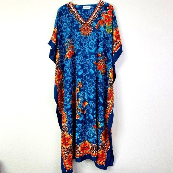 Miss Lavish London Teal Floral Kaftan Dress Size 14/16 - Picture 1 of 8